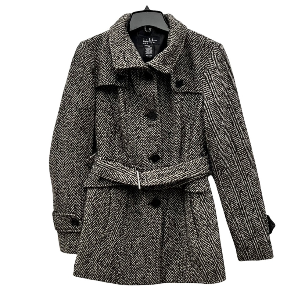 Nicole Miller New York Herringbone Heavy Winter Warm Pea Coat Trench Coat EUC S